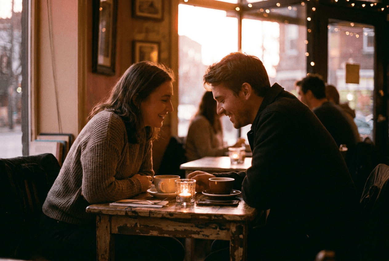 Two people on a candlelit first date in a warm cafe