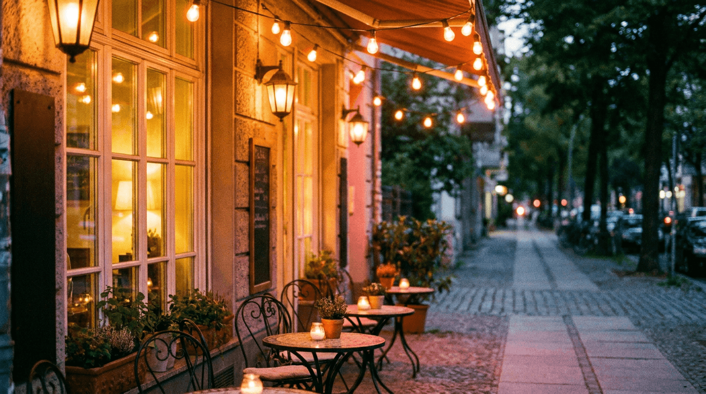 A warm cafe at dusk on a quiet city street