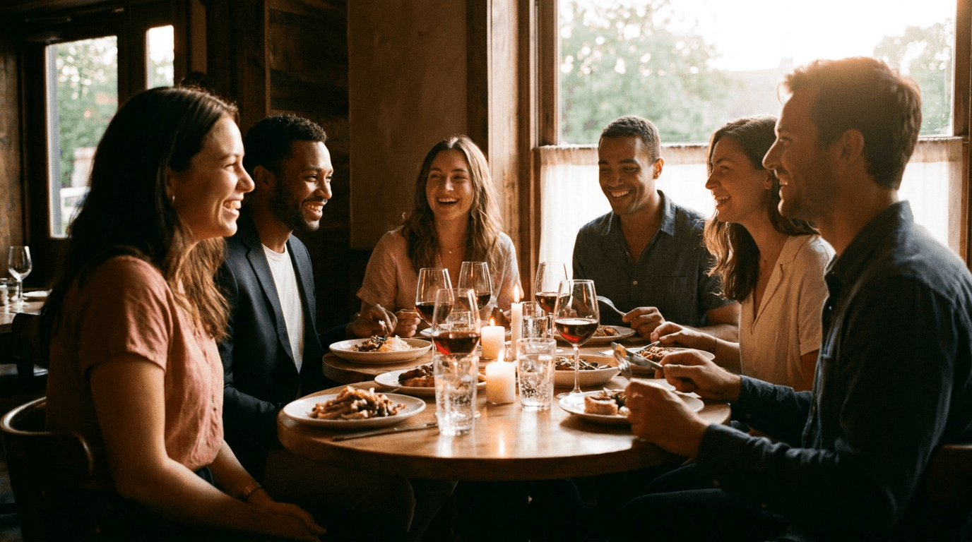 Six friends sharing a warm candlelit dinner around a table